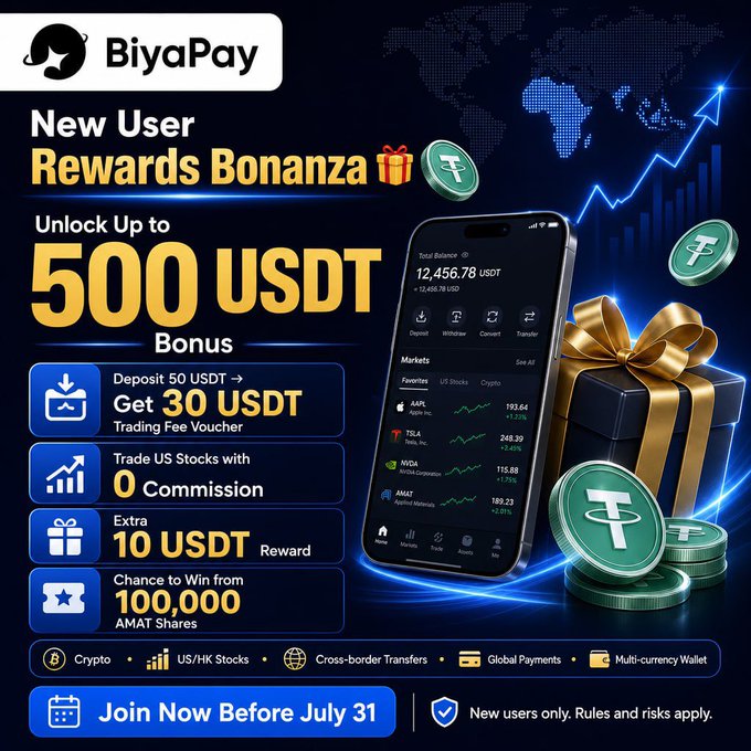 A promotional advertisement for BiyaPay offering new users up to 500 USDT bonus rewards, including deposit bonuses, zero-commission US stock trading, and a chance to win AMAT shares, valid through July 31.