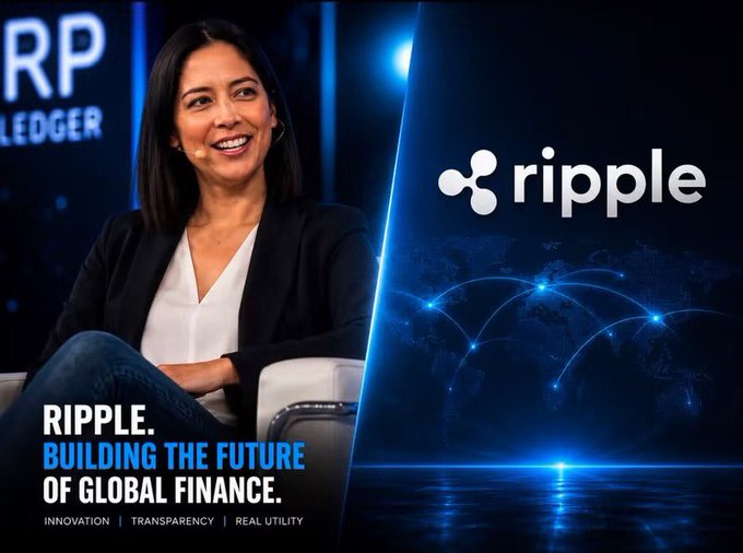 Ripple President Monica Long appears on stage at an XRP Ledger event, with the Ripple logo and tagline "Ripple: Building the Future of Global Finance" alongside the words "Innovation | Transparency | Real Utility." The image accompanies news that the XRP Ledger has transitioned from pilot programs into full production use for tokenized assets like money market and liquidity funds, signaling XRPL's real-world adoption and live deployment.