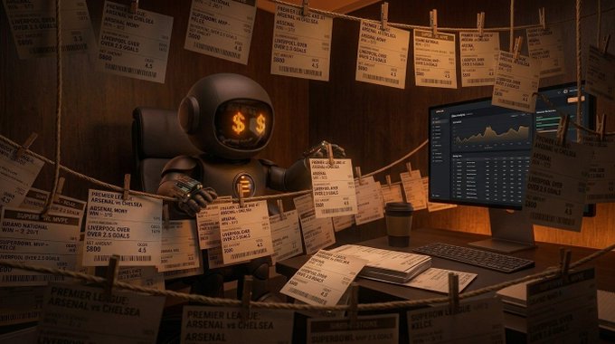 A robot with dollar signs for eyes sits at a desk covered in handwritten betting slips referencing teams like "Liverpool," "Arsenal vs Chelsea," and "Superbowl," surrounded by computer monitors displaying data charts and graphs—visually representing the backtesting audit and data analysis of past betting performance described in the post.