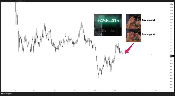 A Solana (SOL) candlestick chart shows price pulling back toward a key horizontal support zone near 135, with a red arrow highlighting the retest. Overlays display "Buy support" and "Bye support" memes alongside a +456.41% gain stat, illustrating the bullish setup at support.