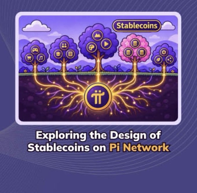 An illustrated graphic titled 'Exploring the Design of Stablecoins on Pi Network' showing stylized trees with crypto and utility icons connected by glowing roots to a central Pi Network logo underground.