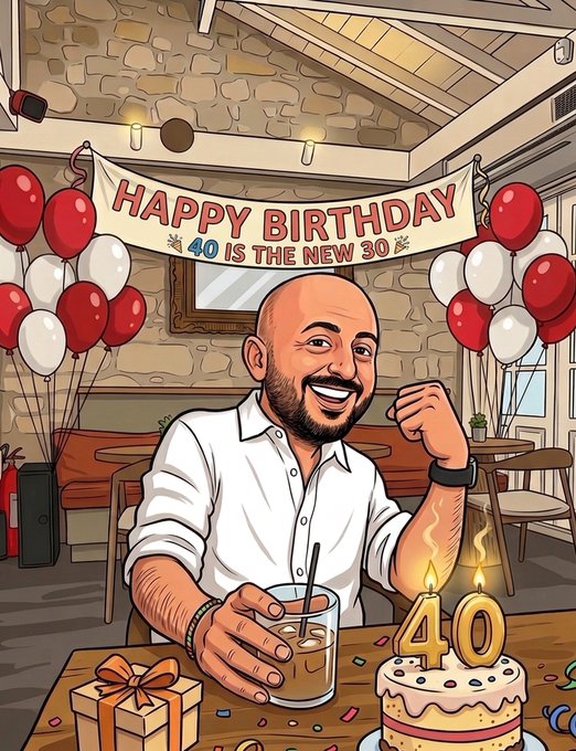 A cartoon illustration of a smiling bald man celebrating his 40th birthday, with a banner reading 'HAPPY BIRTHDAY - 40 IS THE NEW 30' behind him, alongside balloons, a gift, and a cake with '40' candles.