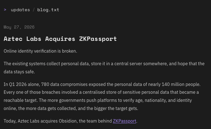 !"aztecLabs_" is the name shown in the image that appears on a poster with text. The poster says "@AztecLabs Acquires ZKPassport", which is a privacy verification tool. The main part of this message is about an online identity Verification system, and the rest of the post is related to Aztec Labs' acquisition of this system.