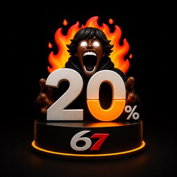 A fierce character with glowing eyes roars amidst flames behind a large 3D "20%" sign on a pedestal marked "67," visually emphasizing the $67 Drop Redeem Event's first wave offering eligible users up to 20% of their allocation.