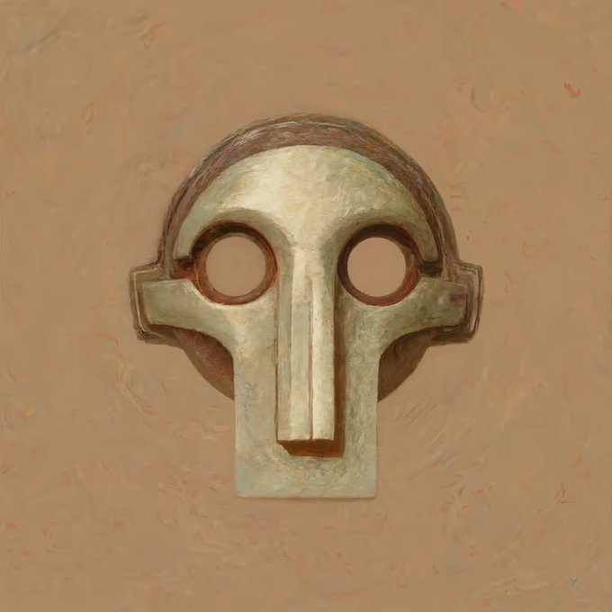 A digital painting of an ancient-style helmet or mask with a long nose guard and empty eye holes, rendered in muted green and brown tones against a peach background.
