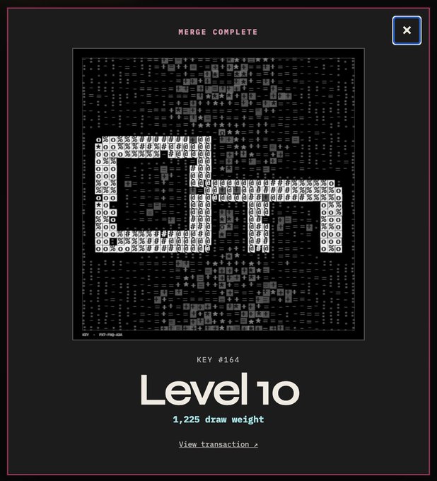 A screen capture showing the text 'MERGE COMPLETE', 'Level 10', and '1,225 draw weight' over an ASCII art depiction of the Bitcoin '₿' logo.