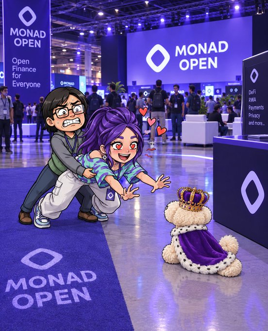 A digitally edited image combining a real photo of a 'MONAD OPEN' convention hall (touting 'Open Finance for Everyone') with cartoon characters excitedly reaching toward a teddy bear wearing a crown and cape.