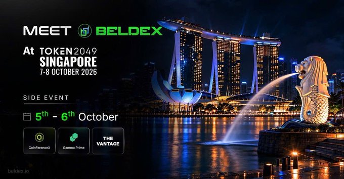 A promotional banner for "BELDEX" at "TOKEN2049 SINGAPORE" from 7-8 October 2026, featuring the Marina Bay Sands and Merlion landmarks, with a side event on 5th-6th October at CoinFerenceX, Gamma Prime, and The Vantage.