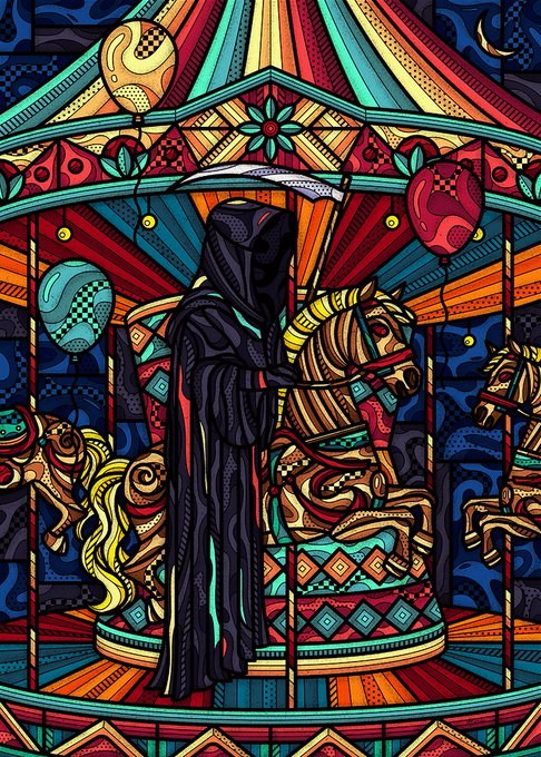 A colorful stained-glass style illustration depicting a hooded Grim Reaper figure holding a scythe in front of a carousel horse.