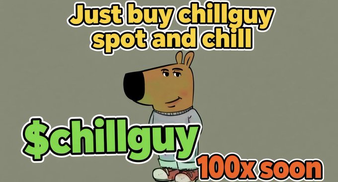 Meme image of a cartoon dog character with text 'Just buy chillguy spot and chill', '$chillguy', and '100x soon'.