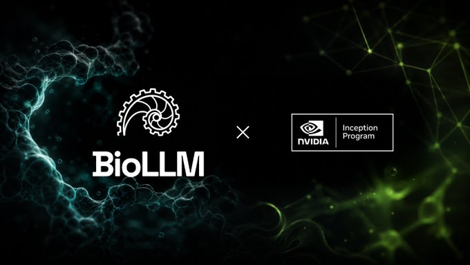 A dark, futuristic graphic featuring a stylized gear-shell logo and "BioLLM" text on the left, paired with the NVIDIA Inception Program logo on the right, separated by an "×" symbol against a glowing green and teal molecular network background, announcing BioLLM's acceptance into the NVIDIA Inception Program.