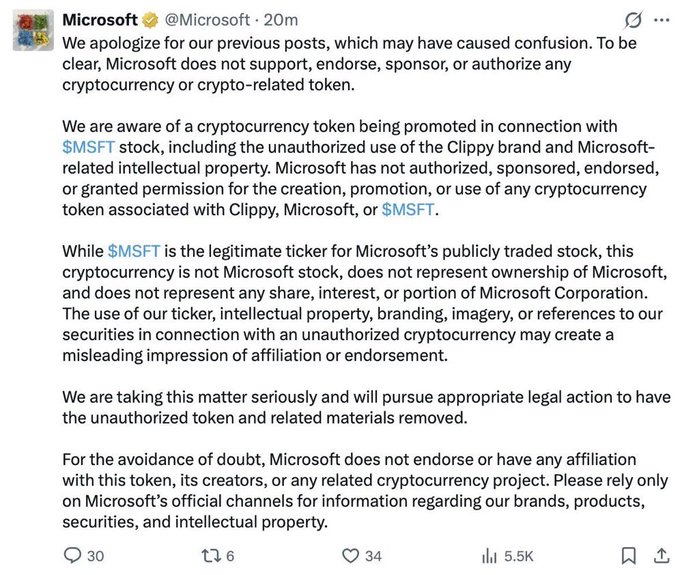 A tweet from Microsoft's verified @Microsoft account clarifying that Microsoft does not support, endorse, sponsor, or authorize any cryptocurrency or crypto-related token, specifically addressing unauthorized use of the Clippy brand and $MSFT ticker, with 5.5K views.