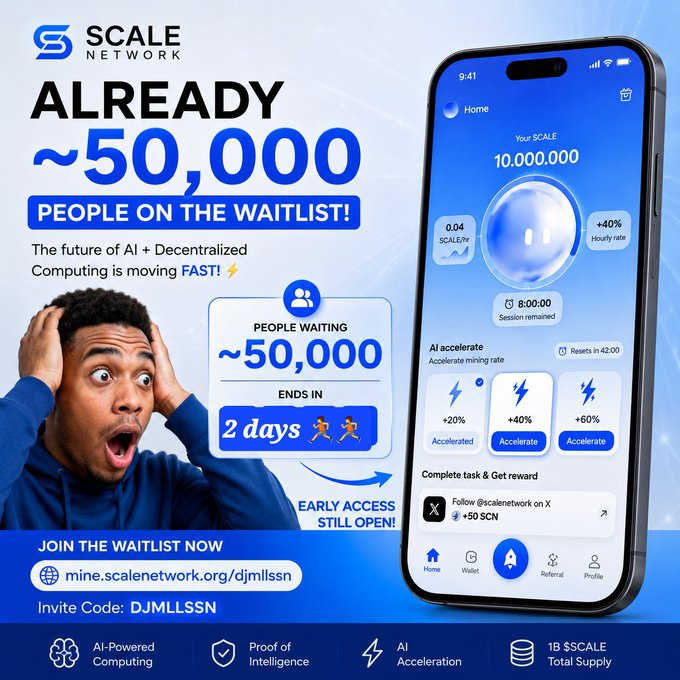 Promotional graphic for Scale Network's ($SCALE) mining waitlist, highlighting that approximately 50,000 people are already on the waitlist with only 2 days left for early whitelist access, directing users to mine.scalenetwork.org/djmllssn with invite code DJMLLSSN. The image features a shocked man reacting to the waitlist size alongside a smartphone displaying the SCALE app interface showing a 10,000,000 token balance and AI acceleration features.