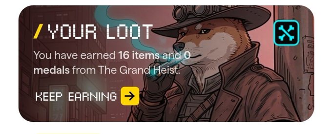 A digital illustration of an anthropomorphic fox wearing a hat and smoking a cigar, with pixelated text reading '/YOUR LOOT' and 'You have earned 16 items and 0 medals from The Grand Heist,' along with a 'KEEP EARNING' prompt.
