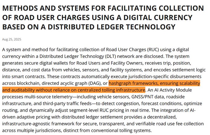 A patent excerpt dated Aug 25, 2025 titled 'METHODS AND SYSTEMS FOR FACILITATING COLLECTION OF ROAD USER CHARGES USING A DIGITAL CURRENCY BASED ON A DISTRIBUTED LEDGER TECHNOLOGY,' with a highlighted passage mentioning 'hashgraph frameworks.'