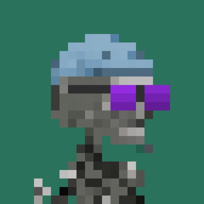 A pixel art illustration on a green background depicts a gray, alien-like character wearing a blue helmet and purple goggles.