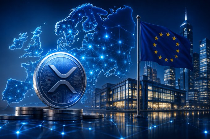 A digital rendering shows an XRP coin beside an EU flag and a glowing map of Europe connected by network nodes, symbolizing Ripple's expansion across 30 European markets following its MiCA license approval in Luxembourg.