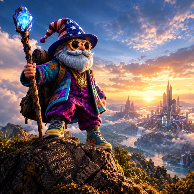 A colorful digital illustration of a wizard-like gnome character wearing an Uncle Sam hat and sunglasses, holding a glowing crystal staff, standing on a rock engraved with 'BIGGER DREAMS BOLDER MOVES' overlooking a fantasy city.