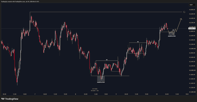 This TradingView chart shows BTCUSD trading activity with markings indicating "manipulation" zones, suggesting a potential upward price movement plan. The accompanying post "$BTC plan today" aligns with the chart's projected bullish trajectory.