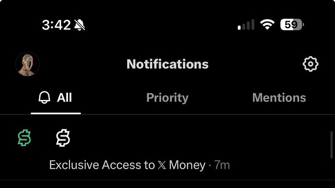 A mobile phone screenshot of an X (Twitter) notifications screen showing the time 3:42, with tabs for All, Priority, and Mentions, and a notification for 'Exclusive Access to X Money' from 7 minutes ago.