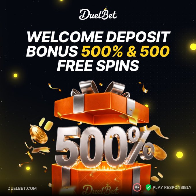 A promotional advertisement for DuelBet featuring the text 'WELCOME DEPOSIT BONUS 500% & 500 FREE SPINS' above a red gift box and gold coins.