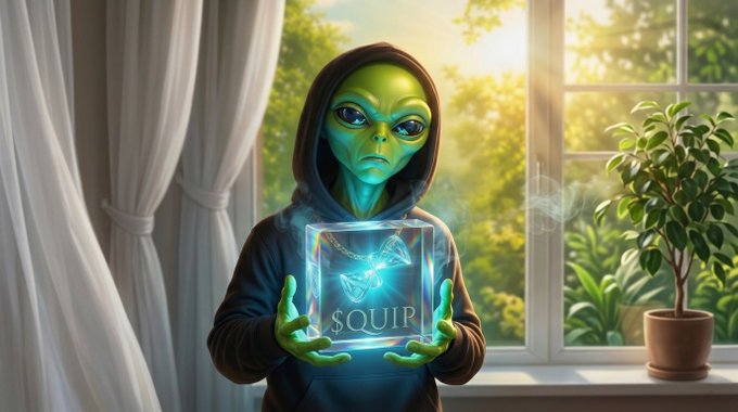 The image features an alien wearing a hoodie holding a square object with the word "squir" written on it. The scene takes place near a window, with potted plants visible outside. There are also two people present in the background who appear to be engaged in conversation or observing something happening outside the frame.
