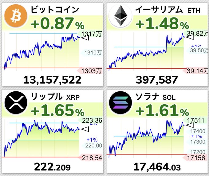 Japanese cryptocurrency price charts showing Bitcoin (+0.87%) at ¥13,157,522, Ethereum (+1.48%) at ¥397,587, Ripple/XRP (+1.65%) at ¥222.209, and Solana (+1.61%) at ¥17,464.03.