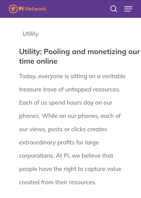 A screenshot from Pi Network's website featuring an article titled "Utility: Pooling and monetizing our time online," which discusses how users' online activity creates value for corporations and argues people should capture the value from their own resources—aligning with the post's reminder of Pi's vision for a network economy built on shared time, attention, and participation.