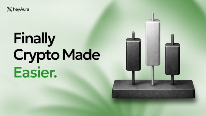 A heyAura advertisement reads 'Finally Crypto Made Easier.' against a green background with a 3D candlestick chart sculpture.