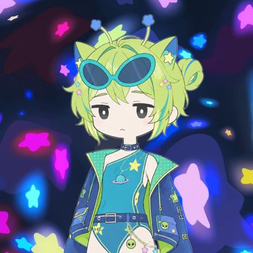 A chibi anime character with green hair, star sunglasses on top of their head, and a teal outfit stands against a starry background.