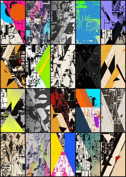 An abstract geometric artwork composed of a grid of 20 rectangular panels featuring sharp angles, urban architectural motifs, and vibrant colors including blue, green, orange, and purple.