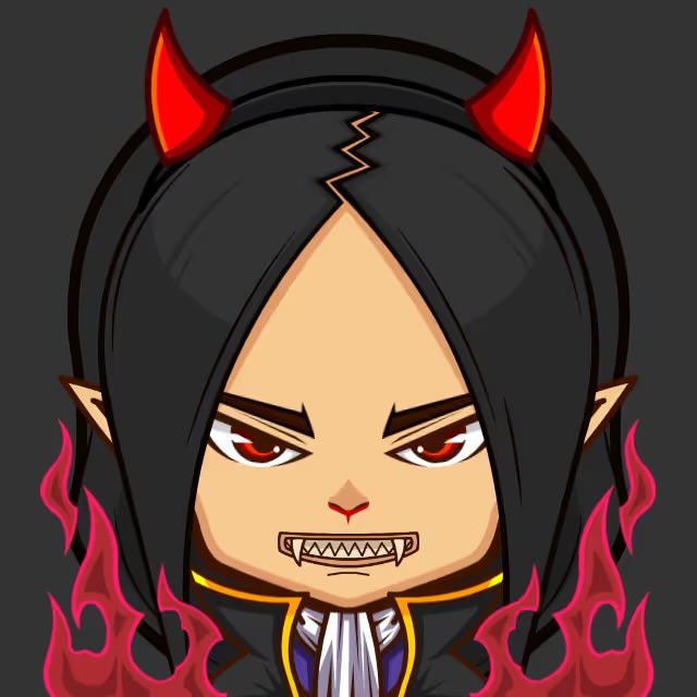 A cartoon/chibi illustration of an angry demon-like character with black hair, red horns, red eyes, fangs, and flames surrounding the figure against a dark background.