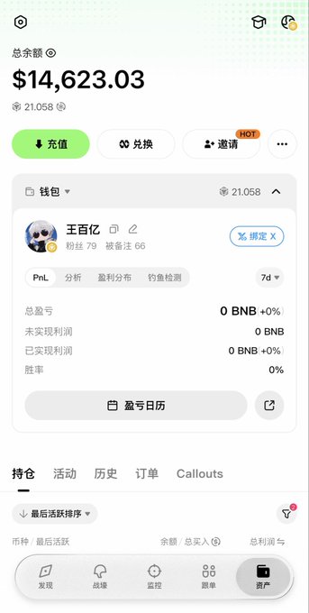 A mobile app screenshot in Chinese showing a crypto wallet with a total balance of $14,623.03 and 21,058 tokens, displaying portfolio stats for '王百亿' pinned for 7 days with 0 BNB profits.