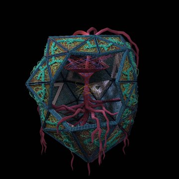 A surreal artwork depicting a polyhedron wrapped in red veins/tendrils with intricate fractal patterns in blue and green on its faces, set against a black background.