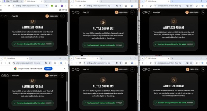 Six repeated screenshots show the ORO Airdrop claim page (airdrop.askoro.ai/claim-free-zig) displaying "A LITTLE ZIG FOR GAS" with a confirmation message stating "You have already claimed for this wallet" on each one, indicating the user has already completed the gas airdrop claim process.