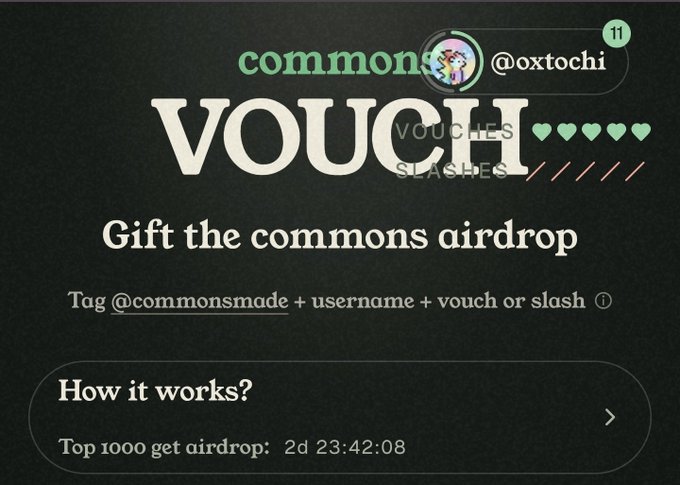 Screenshot of a "commons" app airdrop page displaying the username "@oxtochi" with 11 hearts, featuring a stylized "VOUCH" graphic above the text "Gift the commons airdrop," instructions to tag @commonsmade with a username and either "vouch" or "slash," and a countdown timer showing "Top 1000 get airdrop: 2d 23:42:08" remaining. The post's call to "vouch for @oxgeek" aligns with the platform's vouch/slash mechanics to gain airdrop eligibility.