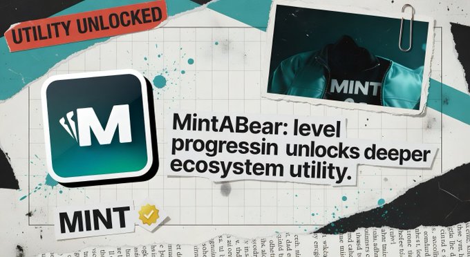 A promotional graphic with an "UTILITY UNLOCKED" stamp featuring the MintABear logo, text stating "MintABear: level progressin unlocks deeper ecosystem utility," and a MINT authentication badge.