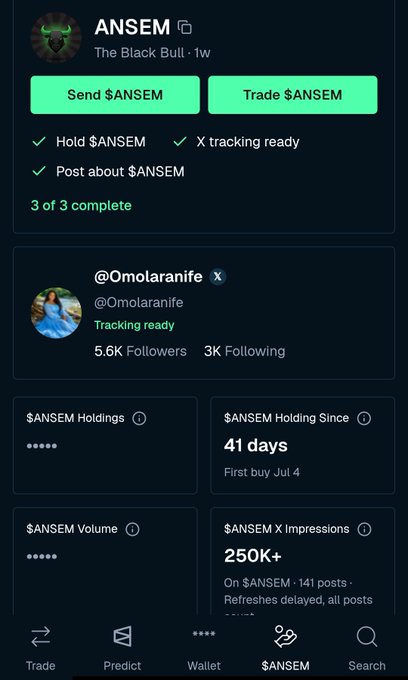 A profile card for @Omolaranife displays "41 days" as the $ANSEM holding duration since the first purchase on July 4, alongside 250K+ X impressions and a "Tracking ready" status, directly matching the poster's claim of 41 consecutive days of holding and consistent posting about the $ANSEM token.