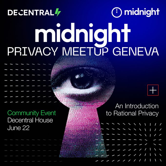 The image features a poster for an event called "Midnight Privacy Meetup Geneva" that takes place on Monday evening at Decentral House in Geneva. The poster includes a key illustration of a lock with a purple eye, which serves as a visual representation of the privacy theme. The text on the poster invites attendees to join the event and emphasizes the importance of privacy in today's digital age.
