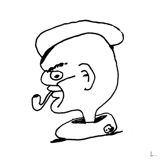 A simple black-and-white line drawing caricature of an elderly man with a mustache, wearing a flat cap and smoking a pipe, with the initial 'L.' signed in the corner.