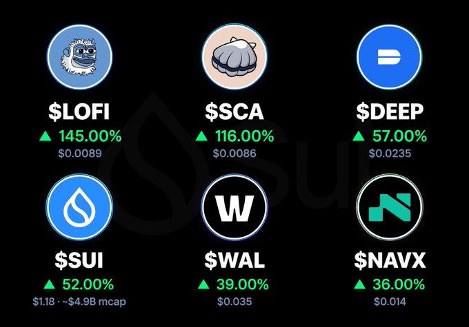 The image shows a Sui Network ecosystem dashboard highlighting six tokens with notable price gains: $LOFI at $0.0089 (+145%), $SCA at $0.0086 (+116%), $DEEP at $0.0235 (+57%), $SUI at $1.18 (+52% with $4.9B market cap), $WAL at $0.035 (+39%), and $NAVX at $0.014 (+36%). The graphic visually reinforces the post's summary of "SUItember" performance, showcasing the full breakdown of ecosystem token growth as anticipation builds for Sui Basecamp in Singapore 2026.