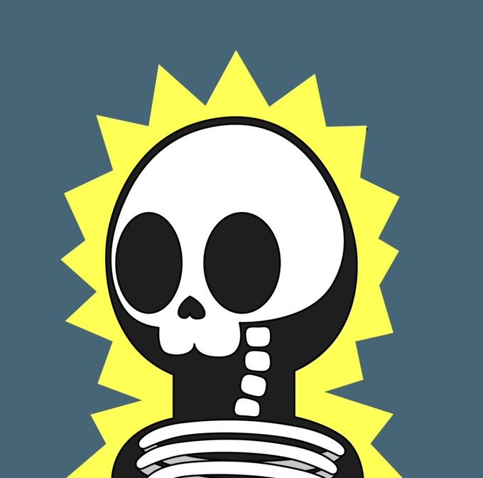 A cartoon graphic featuring a white skull with large black eye sockets on a yellow spiky sunburst background against a gray backdrop.
