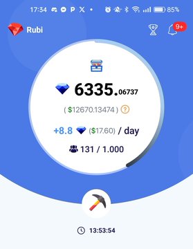 The image shows a screenshot of the Rubi app dashboard displaying a balance of 6335.06737 tokens (equivalent to $12670.13474), with daily earnings of $8.80 and 131/1,000 members, promoting Rubi Network's new KYC process as mentioned in the post.