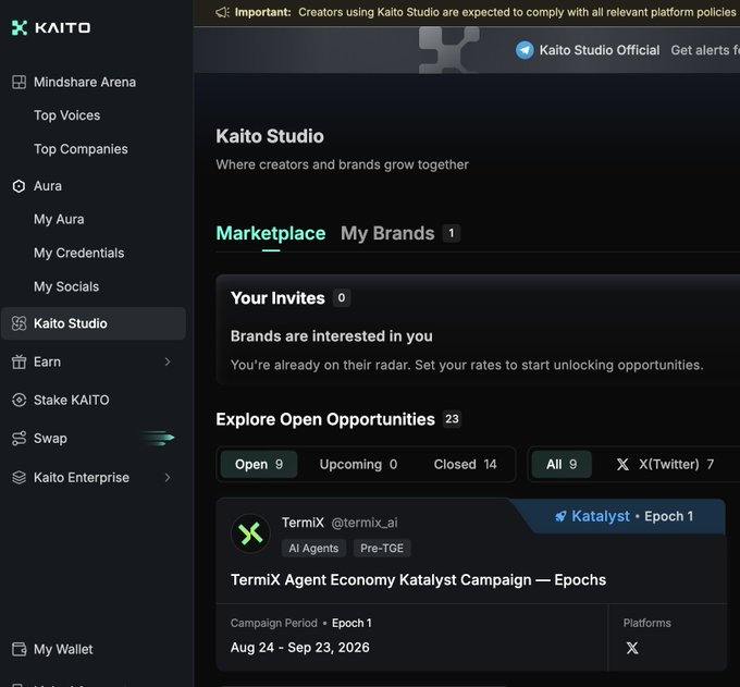 Screenshot of the Kaito Studio dashboard showing the Kaito Studio Official Twitter account and a 'TermiX Agent Economy Katalyst Campaign — Epochs' opportunity from @termix_ai running Aug 24 - Sep 23, 2026.