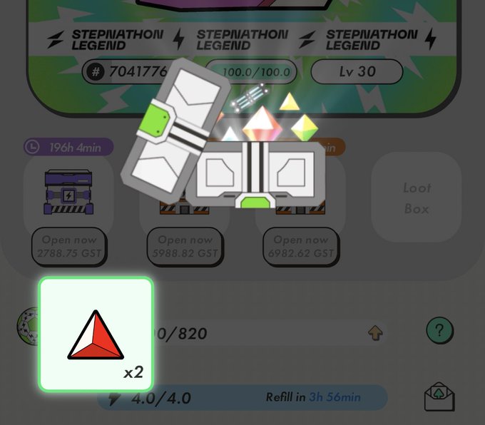 A Step'n Legend game screen showing loot boxes available to open, with GST values listed, and a highlighted red triangle gem x2 at the bottom, with 4.0/4.0 energy and 3h 56min refill time.