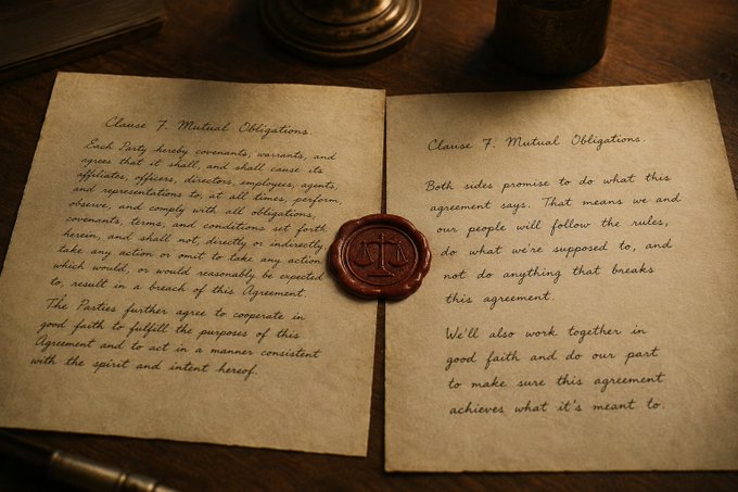 A wax-sealed legal contract lies open on a wooden desk, displaying "Clause 7. Mutual Obligations" written twice in contrasting styles—formal legalese on the left page and plain language on the right. The image visually echoes the post's point: the same clause about parties acting in good faith and fulfilling obligations appears in both verbose, structured prose and simplified wording, illustrating how two lawyers could draft substantively identical legal language using vastly different stylistic approaches without anyone raising concerns.