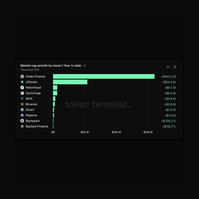 A dark-themed bar chart titled 'Market cap growth by issuer | Year to date' for Tokenized ETFs, showing Ondo Finance leading at +$160.2M, followed by xStocks (+$54.2M), Robinhood (+$6.7M), Centrifuge (+$6.5M), Shift (+$3.6M), Binance (+$2.8M), Dinari (+$1.5M), Reserve (+$1.5M), Backpack (+$705.3K), and Backed Finance (-$192.7K), with a 'token terminal_' watermark.
