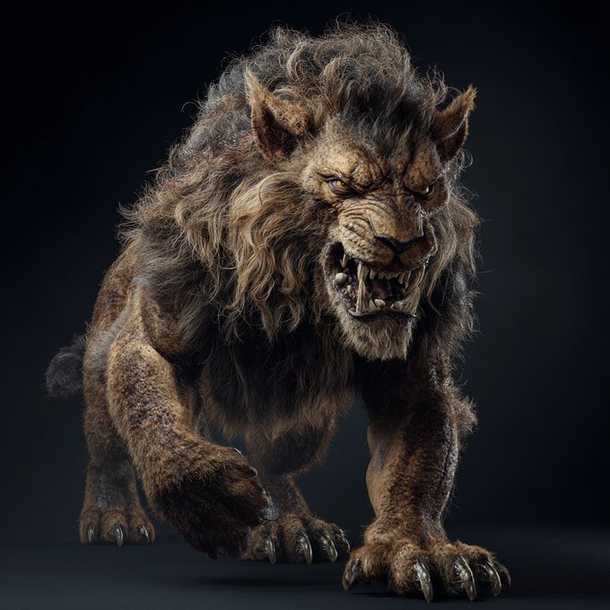 A fierce, snarling lion-like creature with a dark mane and bared fangs crouches against a black background.