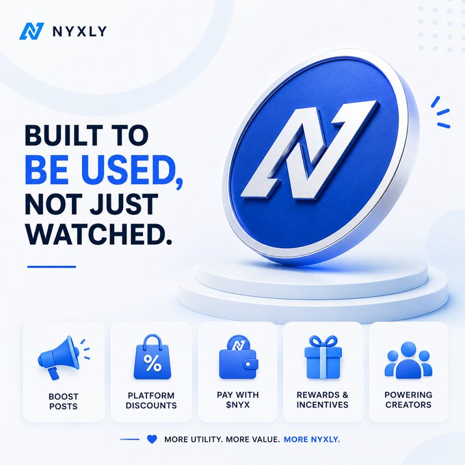 A promotional graphic for NYXLY featuring a blue token logo and the tagline 'BUILT TO BE USED, NOT JUST WATCHED,' with icons for Boost Posts, Platform Discounts, Pay With $NYX, Rewards & Incentives, and Powering Creators.