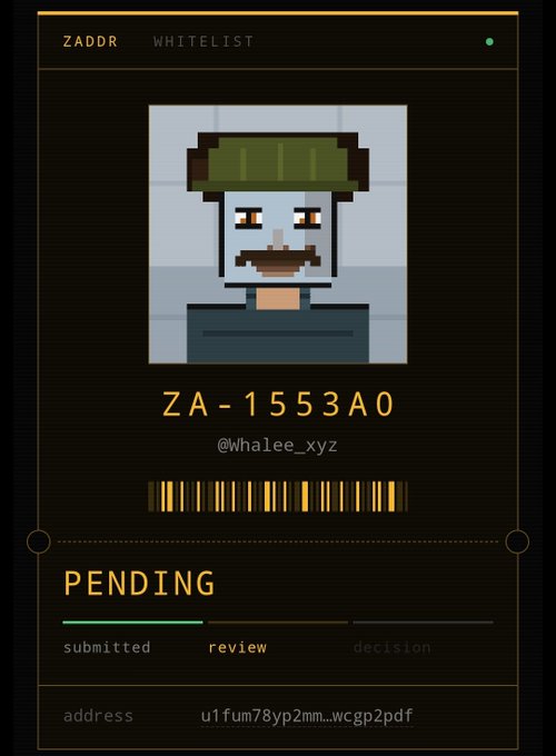 A ZADDR Whitelist application interface displaying a pixel-art avatar with a green hat and mustache, the identifier 'ZA-1553A0', handle '@whalee_xyz', a pending status with a progress bar at the review stage, and a partial wallet address beginning with 'u1fum78yp2mm'.